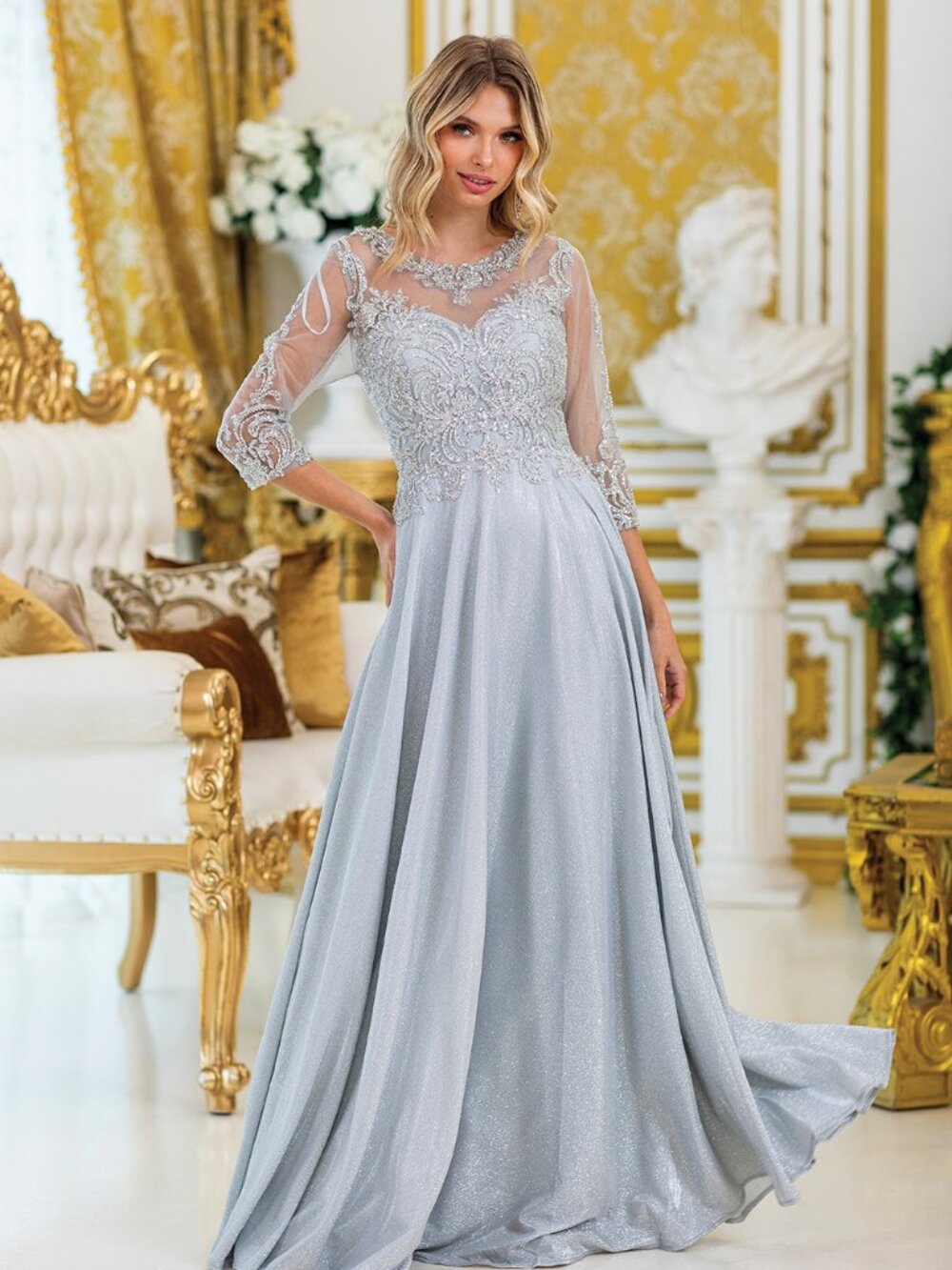 NEW SILVER Lace & Beaded Prom Gown Floor Length Embellished 4498